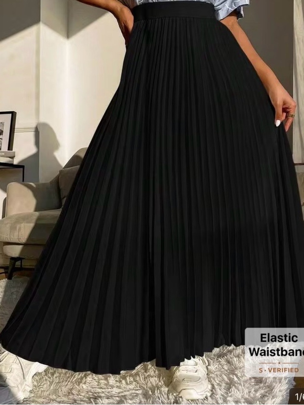 SHEIN Black Pleated Maxi Skirt with Elastic Waistband